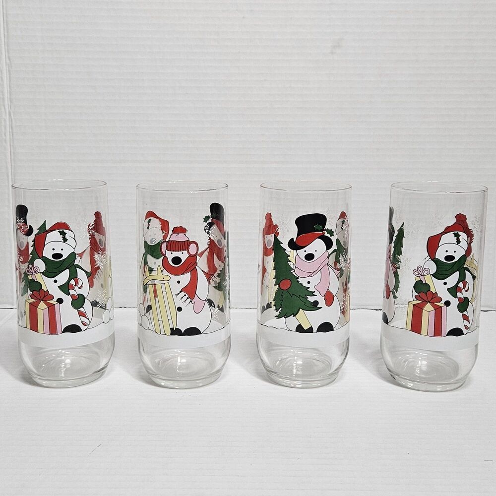4 Luminarc Polar Bear Christmas 16 oz drinking glass Cups Holiday Tree Sled Gift